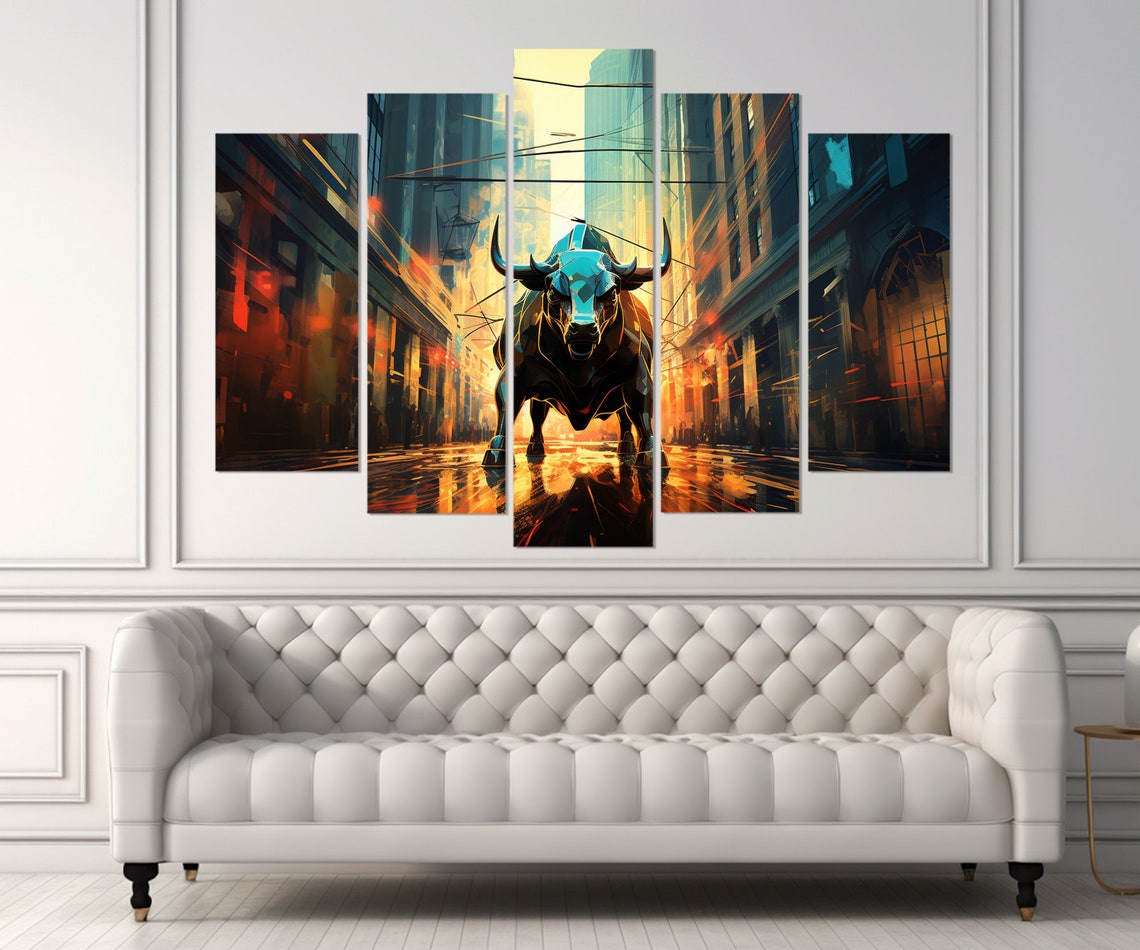 Charging Bull Wall Street City Street Golden Light Painting Poster - Image 3