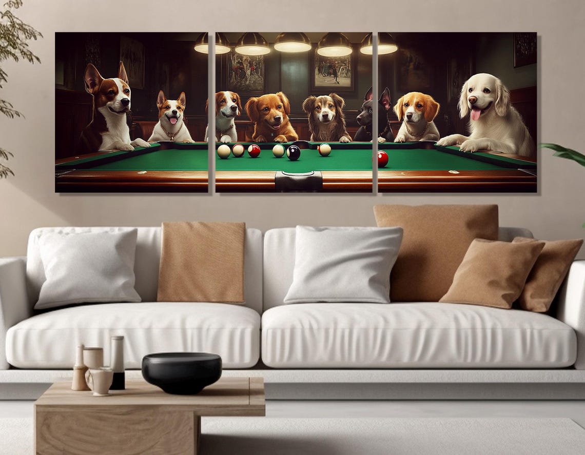 Dogs Playing Billiards Pool Table Bar Room Panoramic Funny Poster - Image 4