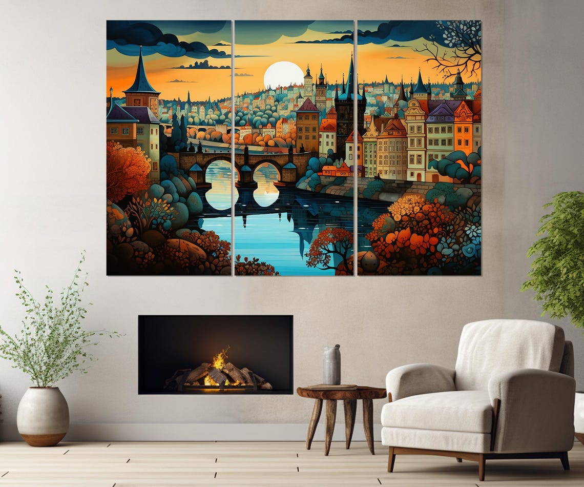 Prague Old Town Bridge Moonrise Colorful Czech River Scene Poster - Image 4