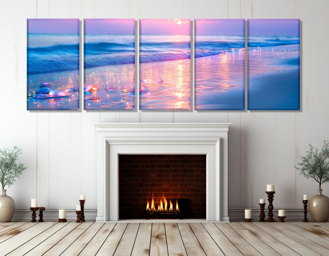 Pink Sunset Beach Waves Sea Glass Stones Pastel Panorama Poster - Image 3