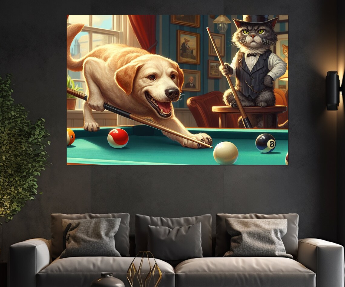 Dog And Cat Playing Billiards Pool Table Funny Animal Game Room Wall Art Print - Image 2
