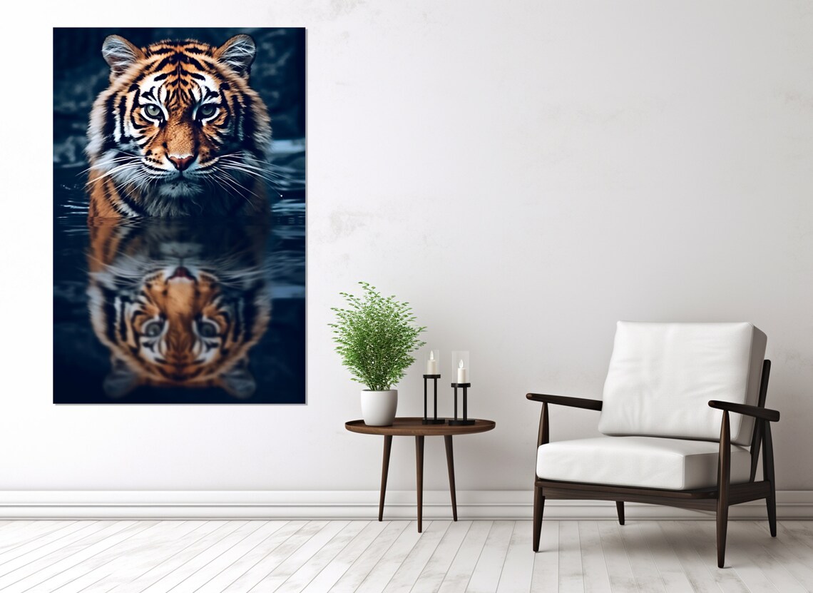 Tiger In Water Reflection Close Up Portrait Dramatic Wildlife Art Poster - Image 2