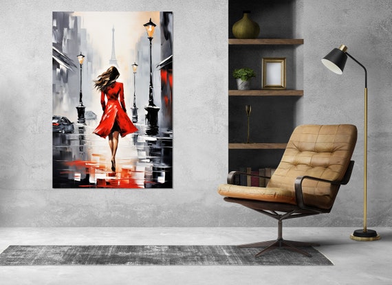 Abstract Paris Painting Print Lady In Red Walking In Paris Wall Art Eiffel Tower Poster Paris Print Framed And Ready To Hang
