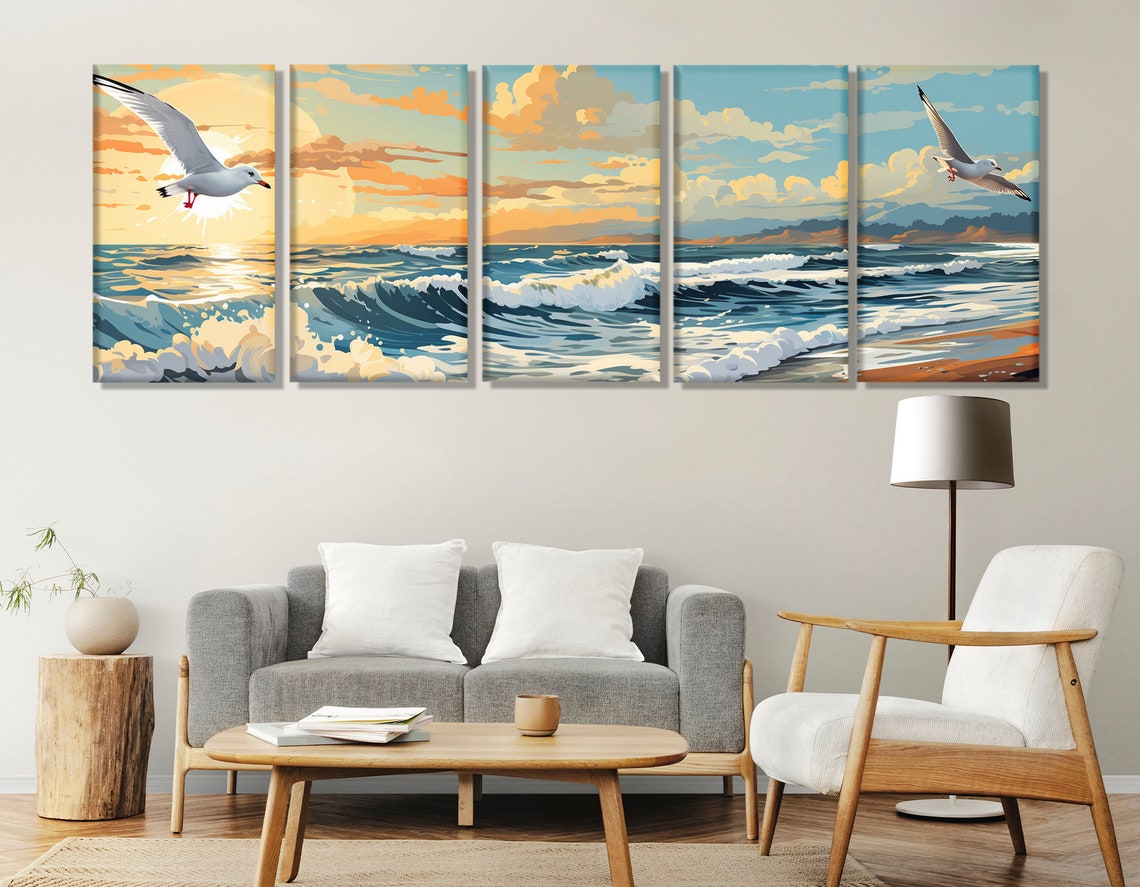 Seagulls Over Ocean Waves Sunset Beach Retro Illustration Poster - Image 3