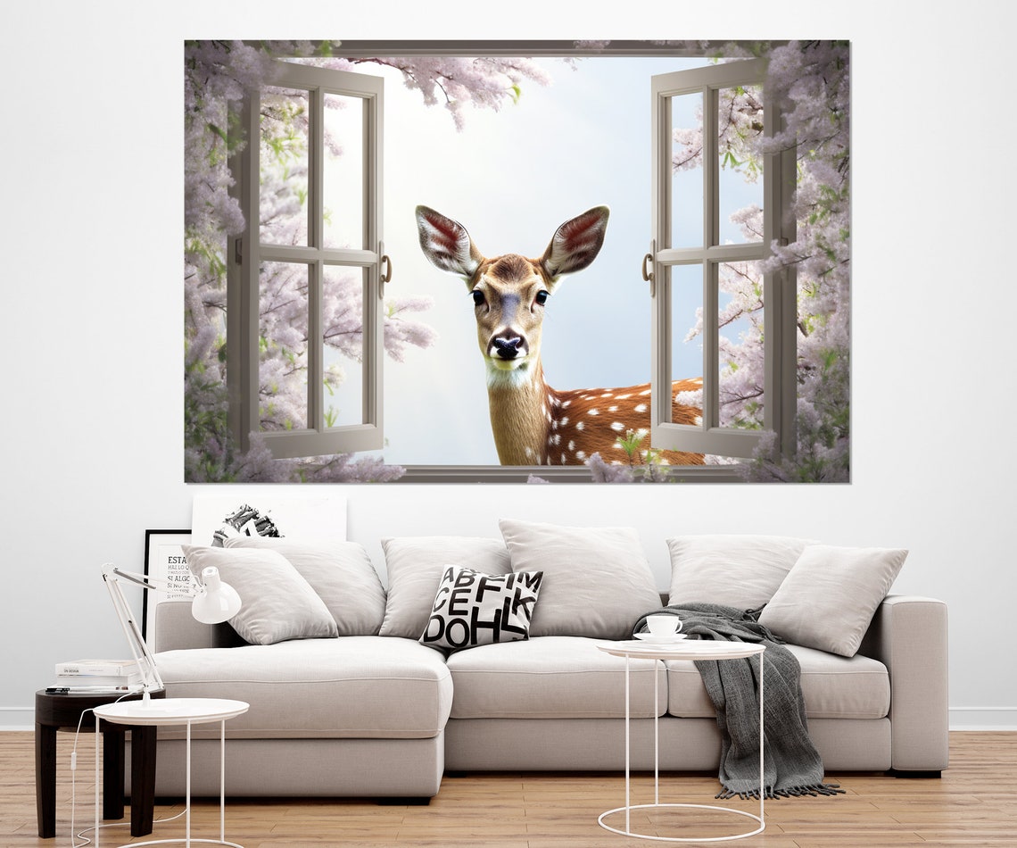 Baby Deer At Blossom Window Spring Garden View Nursery Decor Poster - Image 3
