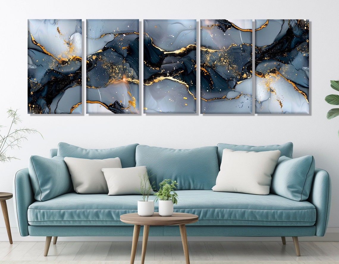 Navy Blue Marble Gold Veins Abstract Ink Fluid Modern Gallery Poster - Image 3