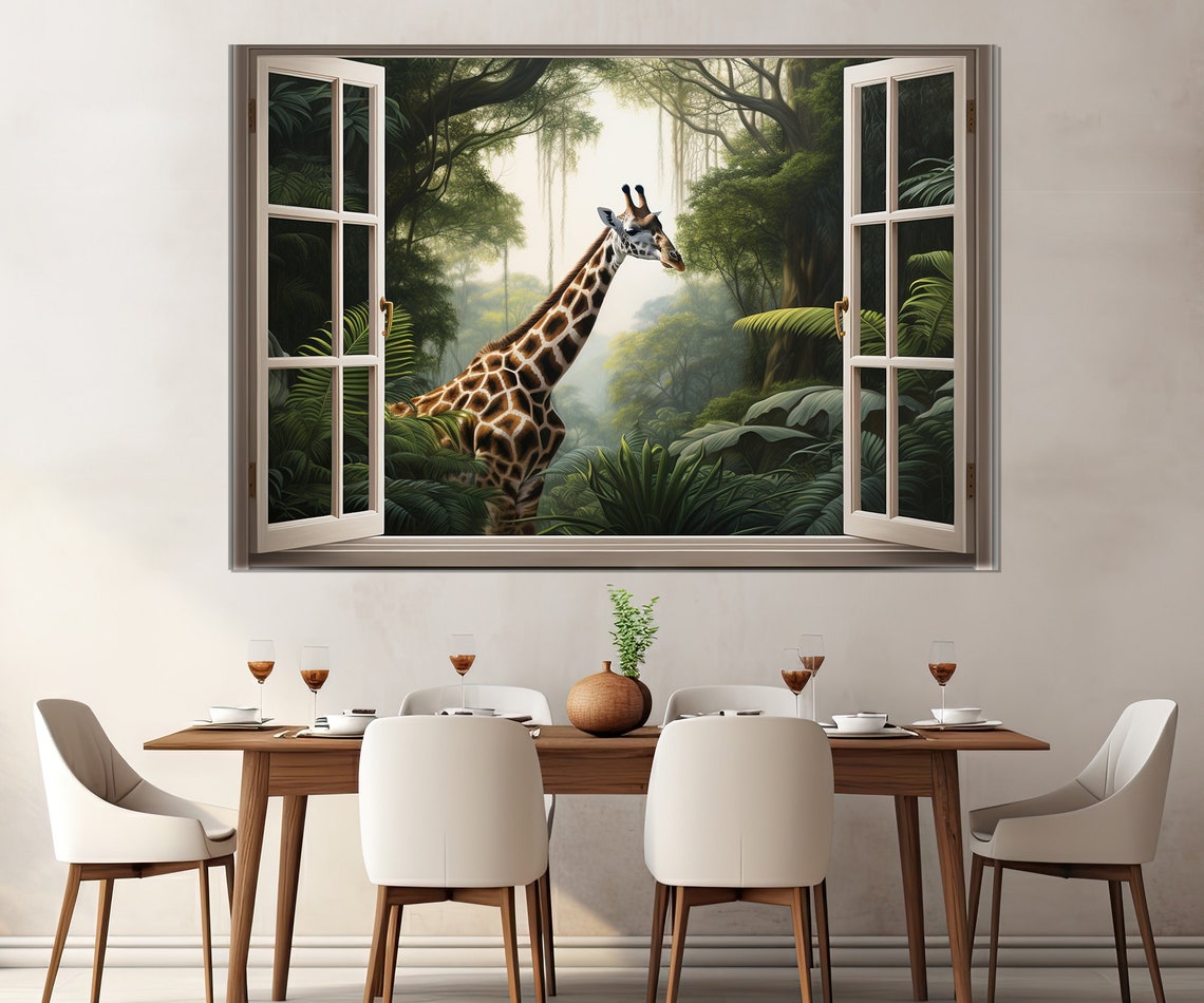 Giraffe Jungle Open Window Lush Green Forest Curious Wildlife Poster