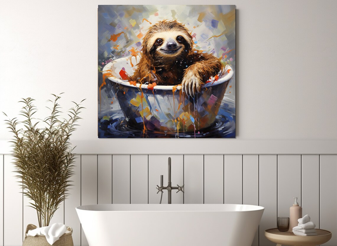 Cute Sloth in the Bathtub, Bathroom Wall Art Print