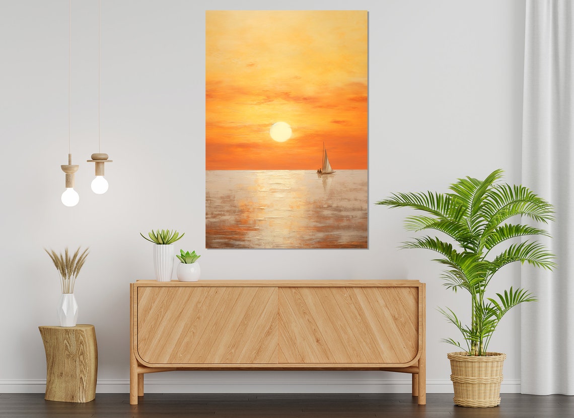 Sailboat Golden Sunset Seascape Calm Ocean Horizon Vertical Art Poster