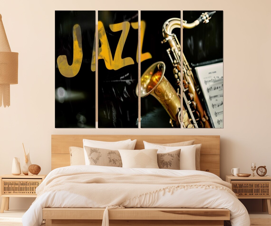 Jazz Saxophone Music Art Gold Brass Instrument Black Background Wall Art Print - Image 2