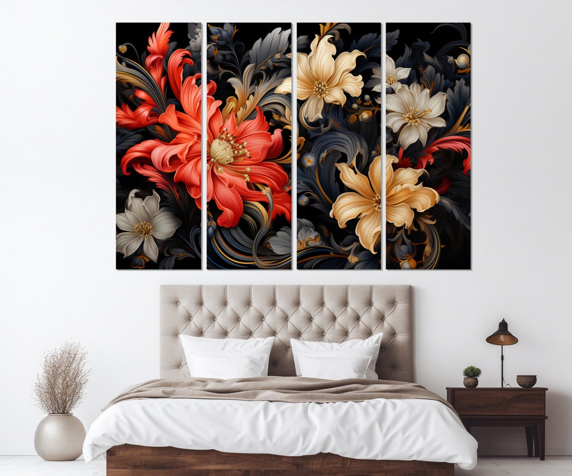 Dark Dramatic Floral Red Cream Gold Baroque Blossoms Black Art Poster - Image 2