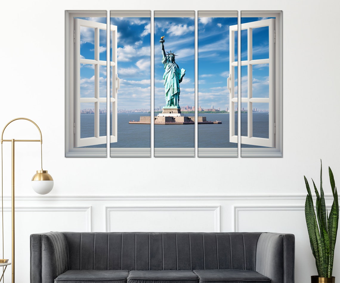 Statue Of Liberty New York Harbor Open Window Blue Sky View Poster - Image 3