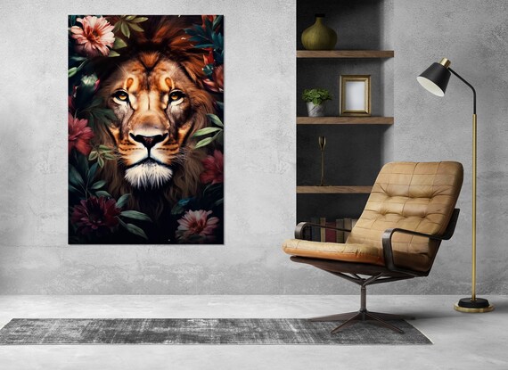 Lion Face Among Tropical Flowers Bold Floral Wildlife Portrait Wall Art