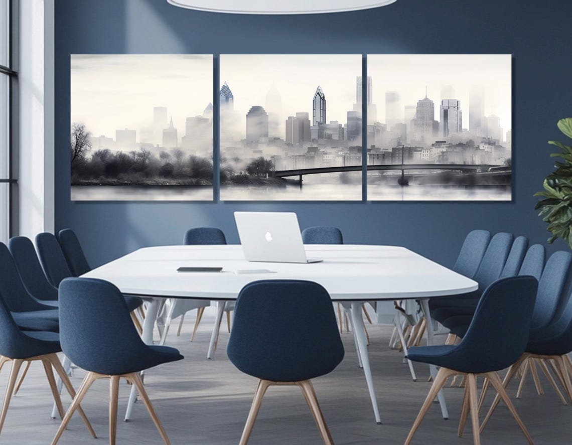 Misty Philadelphia Skyline Foggy Bridge Soft Grey Cityscape Poster - Image 4