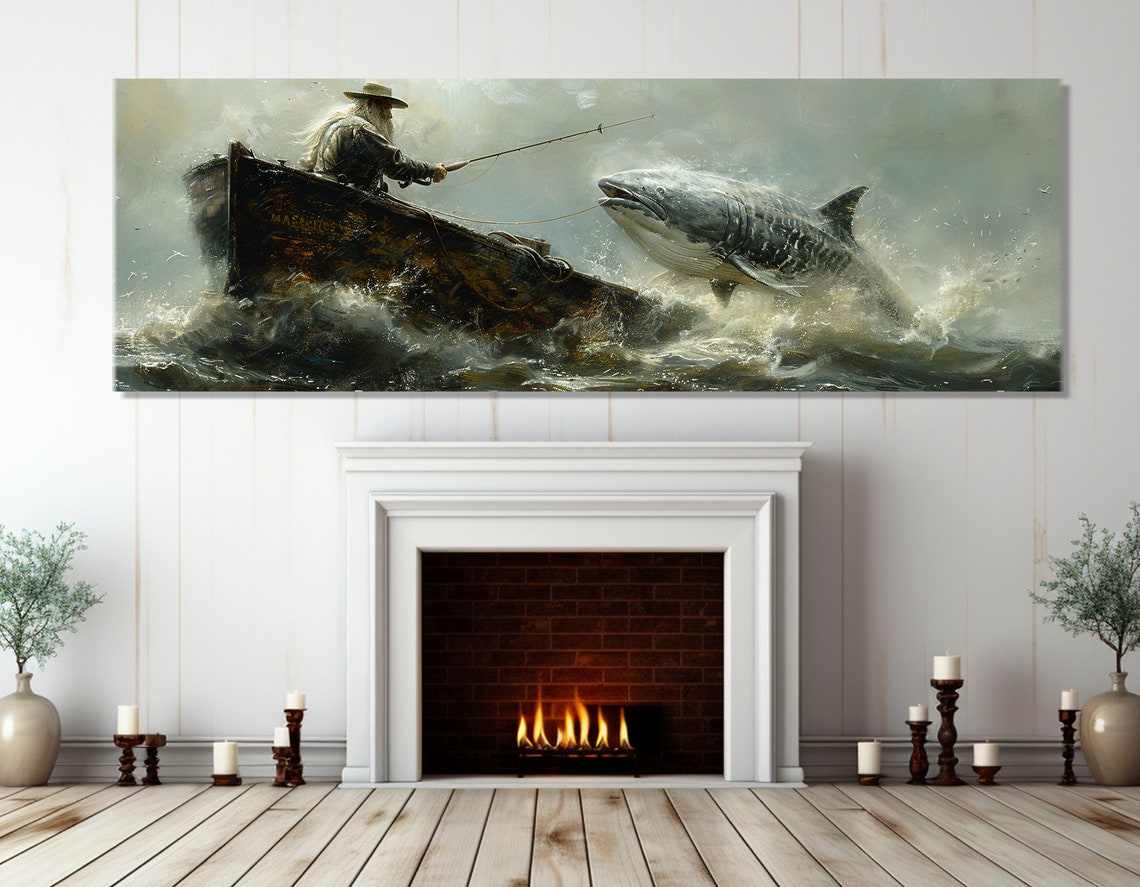 Abstract Fishing Wall Art Old Man Fishing In Stormy Sea Painting Print Fisherman Gift Framed And Ready To Hang