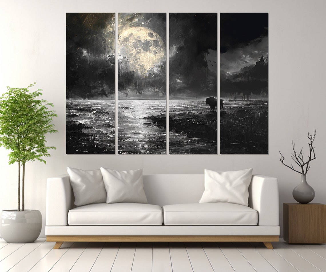 Impressionistic Moon Over Sea Painting Print Bison On Post Apocalyptic Landscape Painting Gothic Wall Decor Framed Ready To Hang - Image 2