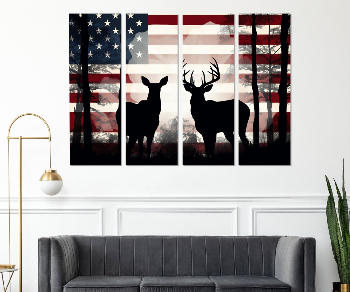 Deer Silhouette Buck Doe American Flag Forest Patriotic Wall Art - Image 2