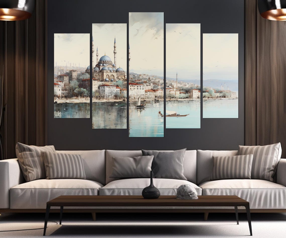 Istanbul Turkey Waterfront Mosque Minarets Soft Pastel Travel Poster - Image 3