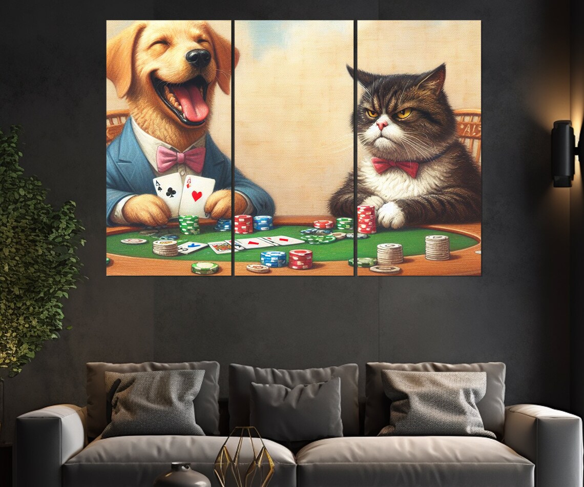 Dog And Cat Playing Poker At Card Table Funny Animal Game Room Wall Art Print - Image 4