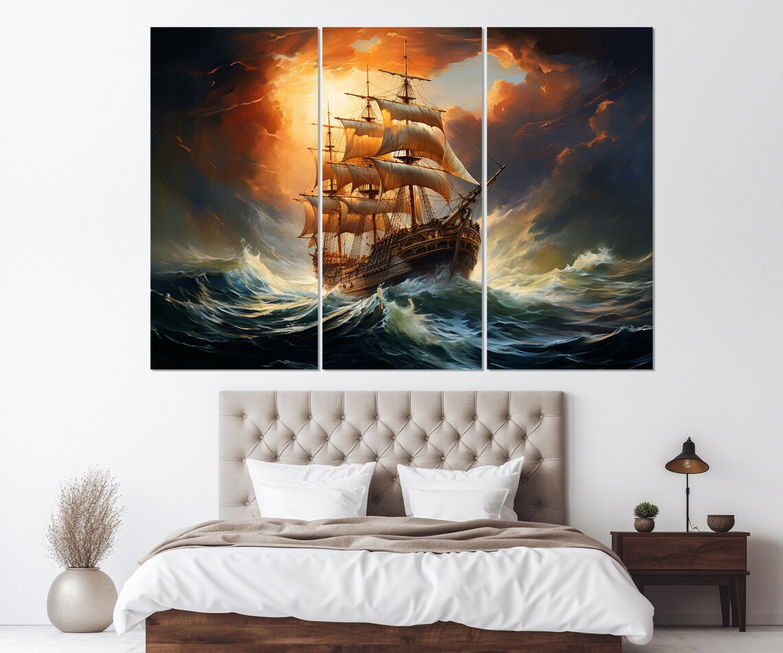 Old Sailboat at Sunset, Nautical Sea Art Print - Image 4