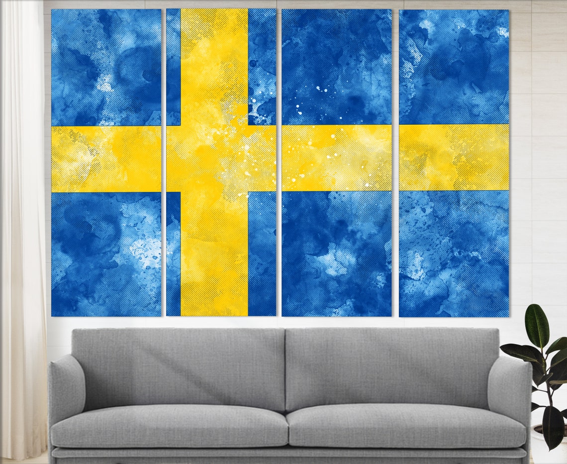 Sweden Flag Grunge Watercolor Yellow Cross Blue Scandinavian Poster - Image 4