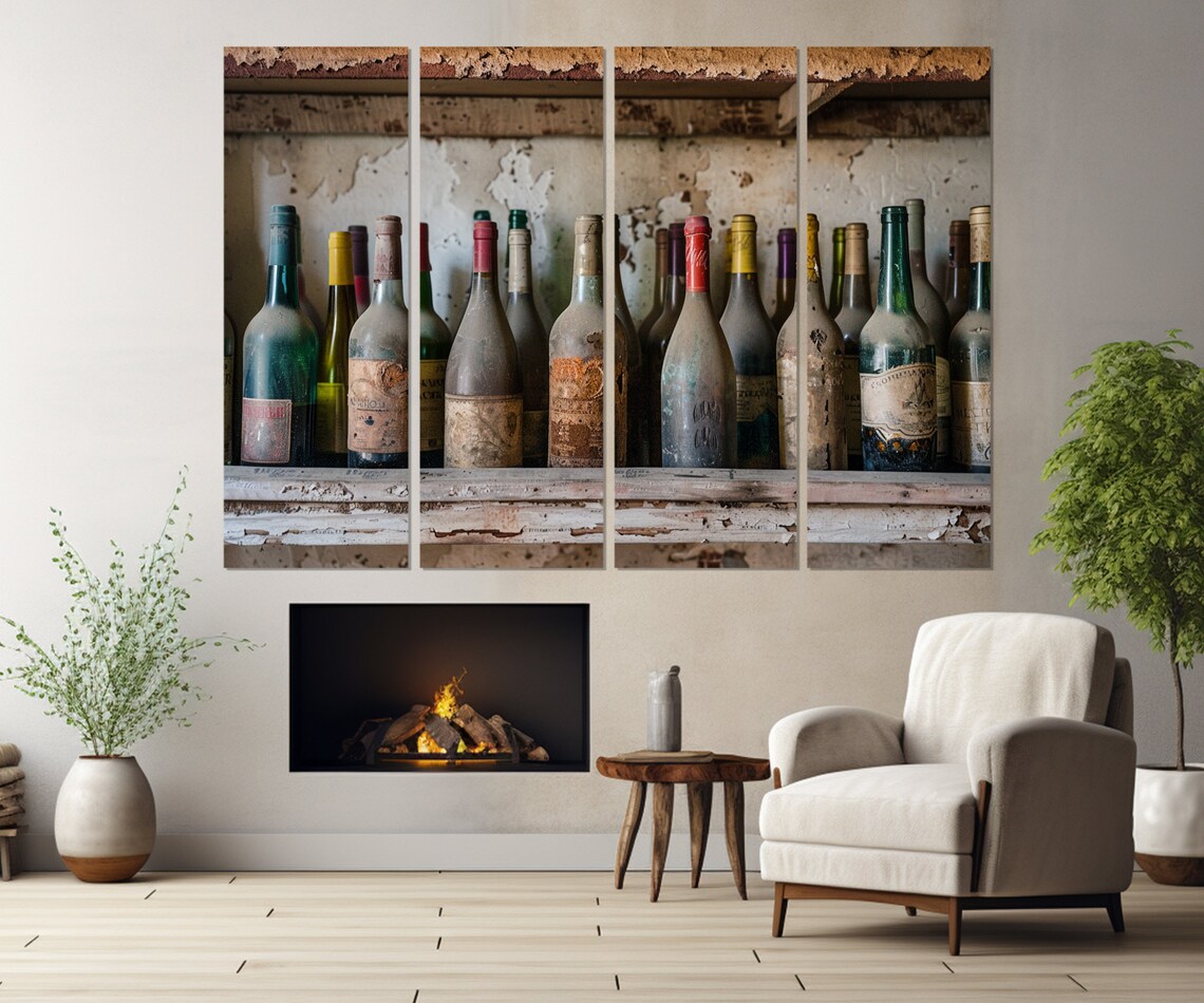 Old Dusty Wine Bottles Rustic Cellar Shelf Vintage Faded Labels Art Print - Image 3