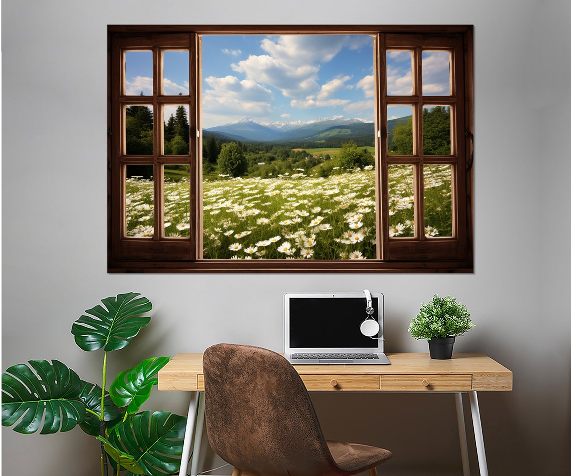Open Window Overlooking Daisy Field Mountains Faux View Poster