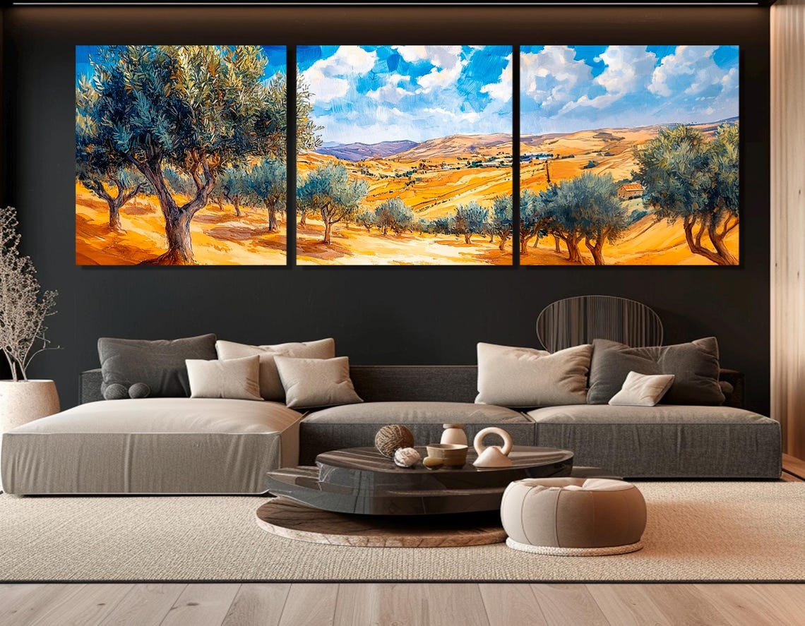 Tunisia Golden Hills Olive Grove Watercolor Panoramic Landscape Poster - Image 4