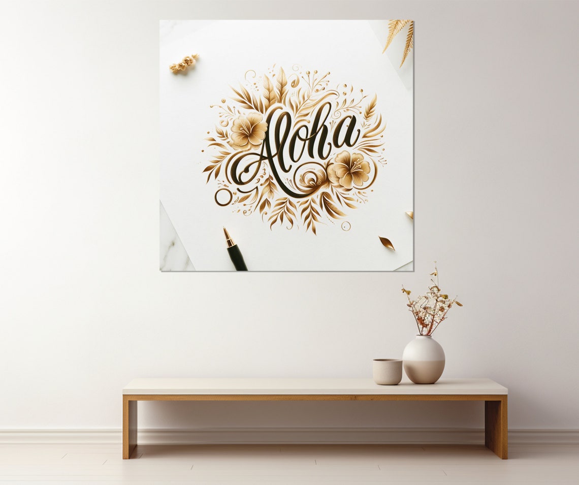 Aloha Gold Calligraphy Floral Wreath Elegant White Hawaii Wall Art - Image 4