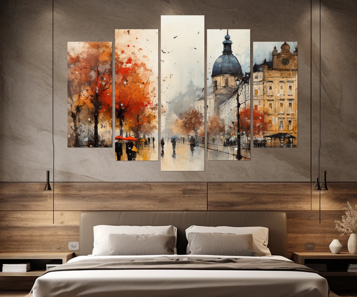 Krakow Old Town Rainy Autumn Street Five Panel Split Canvas Poster