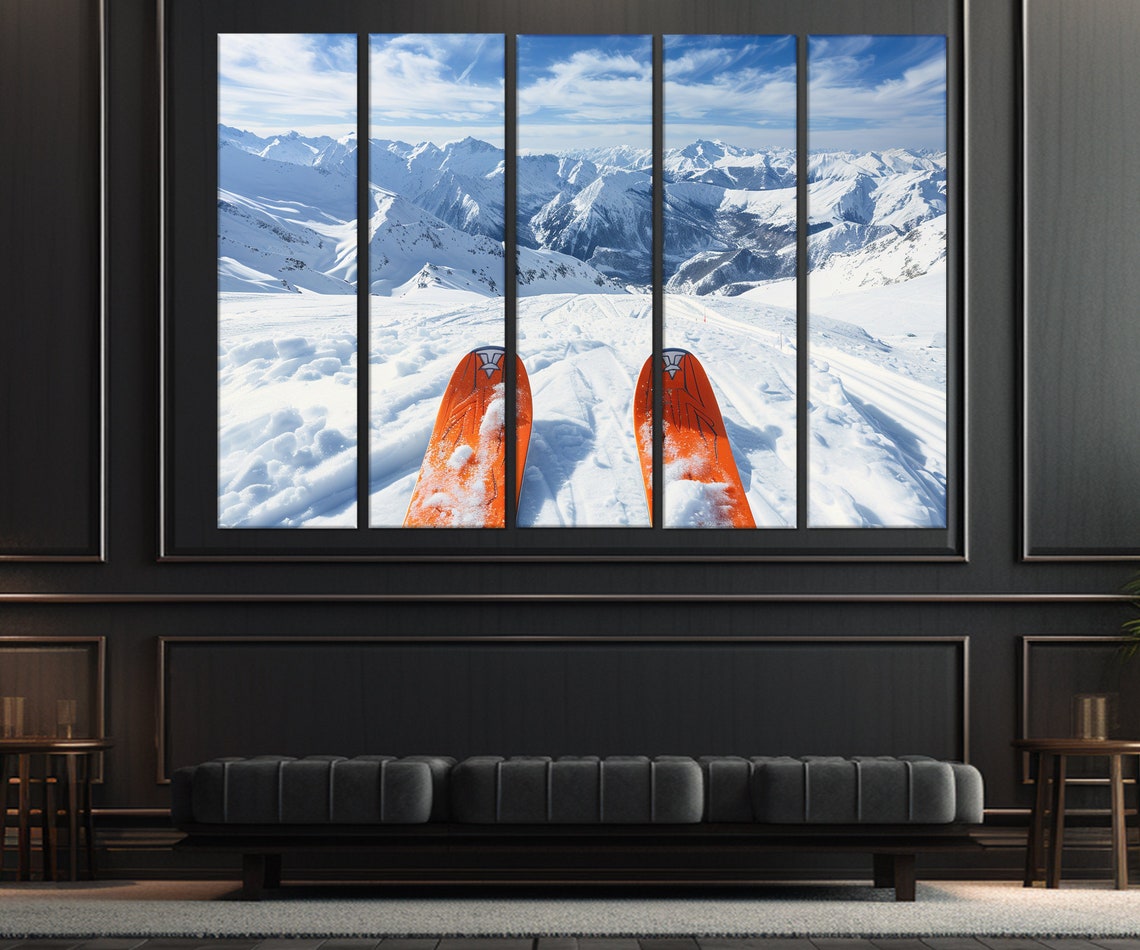 Orange Ski Tips Snowy Mountain Peaks First Person View Alpine Poster - Image 2