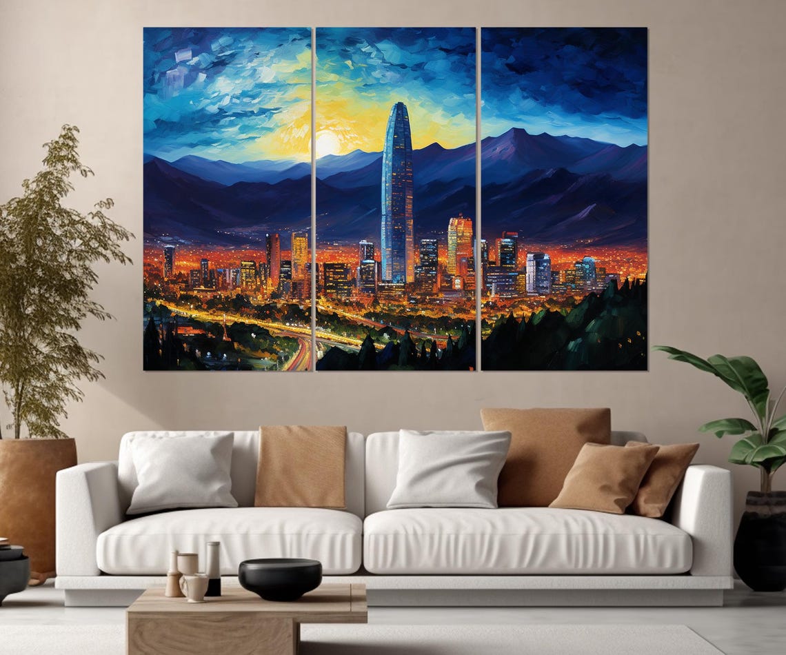 Santiago Chile Skyline Sunset Mountains Painted City Night Poster - Image 2