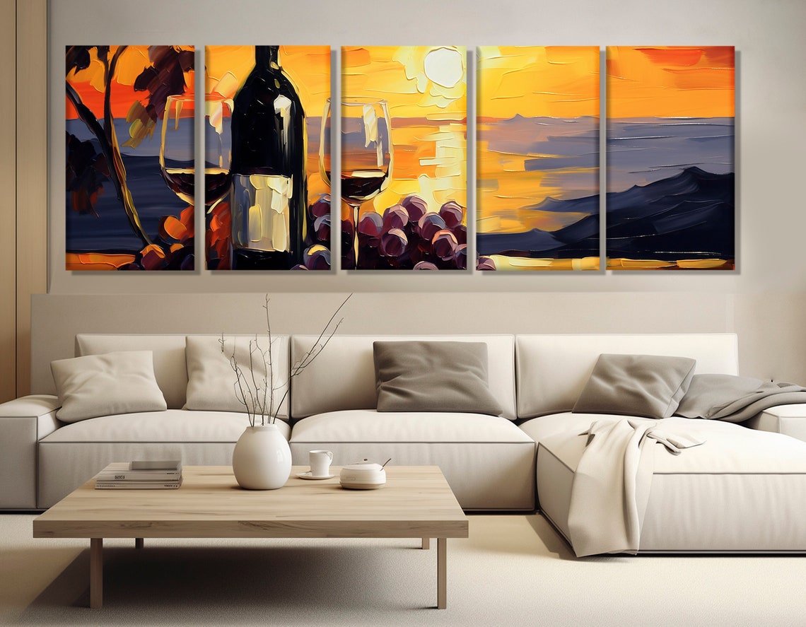 Wine Bottle Glasses Grapes Sunset Impasto Painting Kitchen Art Print - Image 3