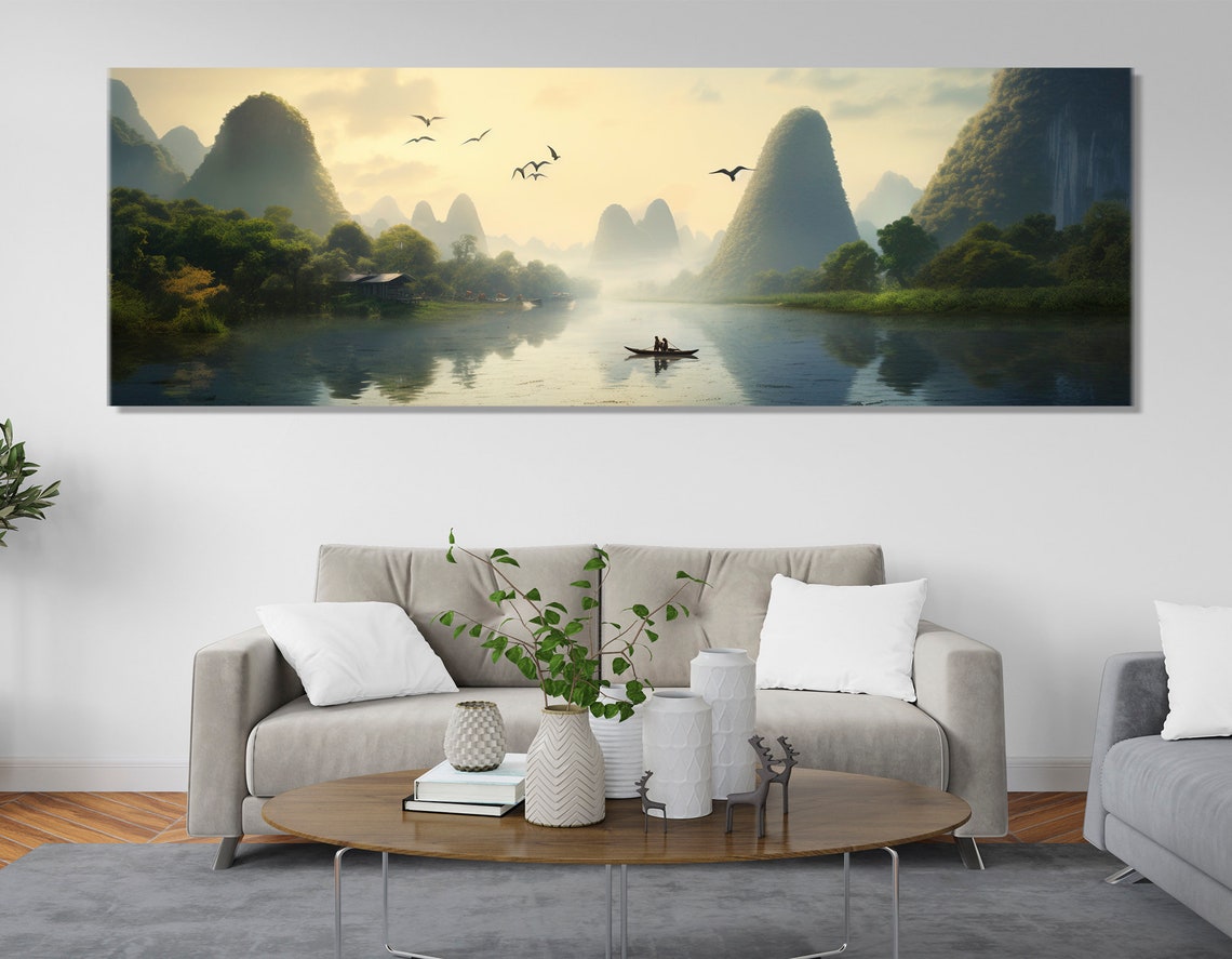 Li River Morning Karst Peaks Birds Flying Boat Reflection China Poster