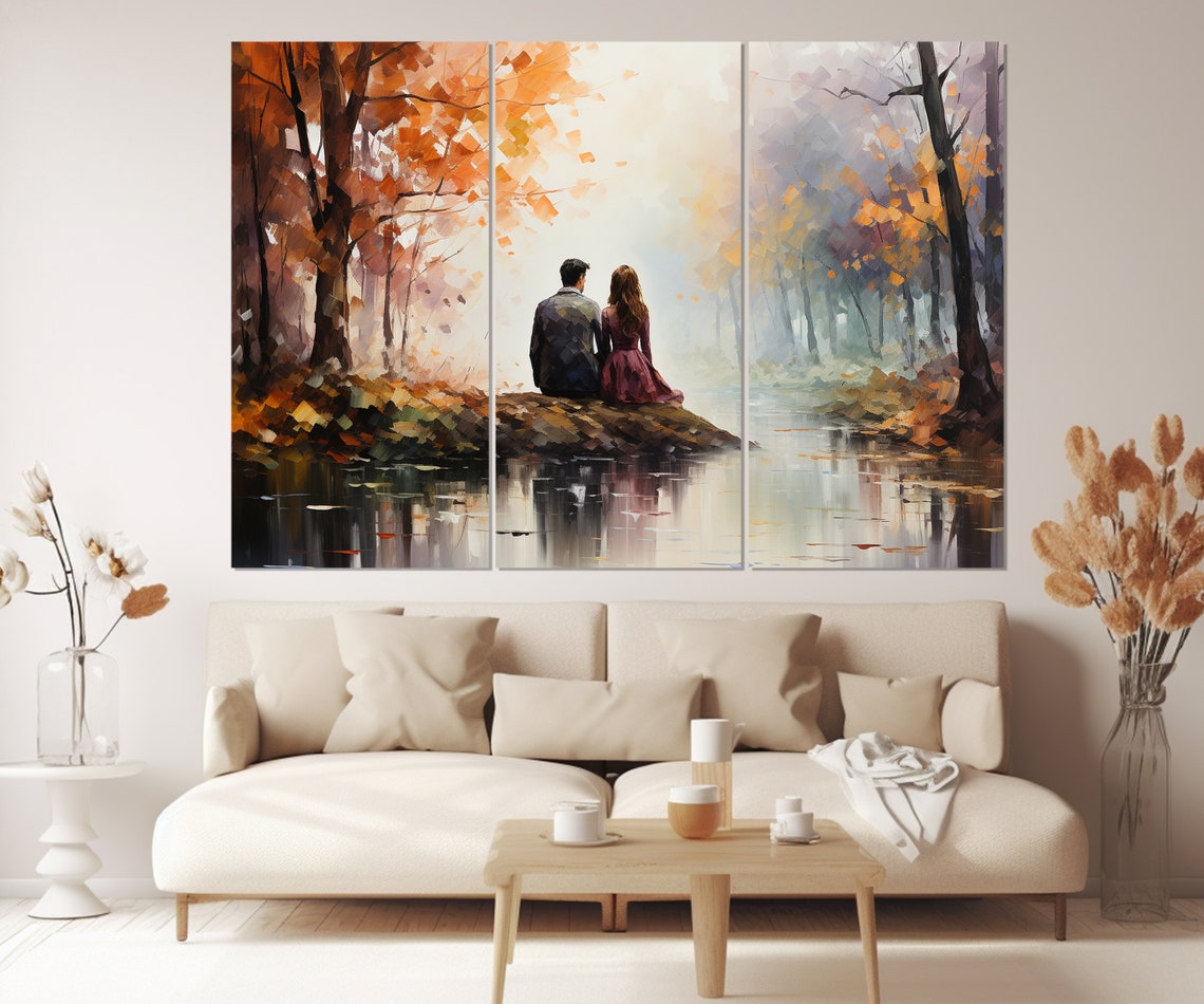Romantic Couple By Autumn Lake Misty Forest Triptych Wall Poster