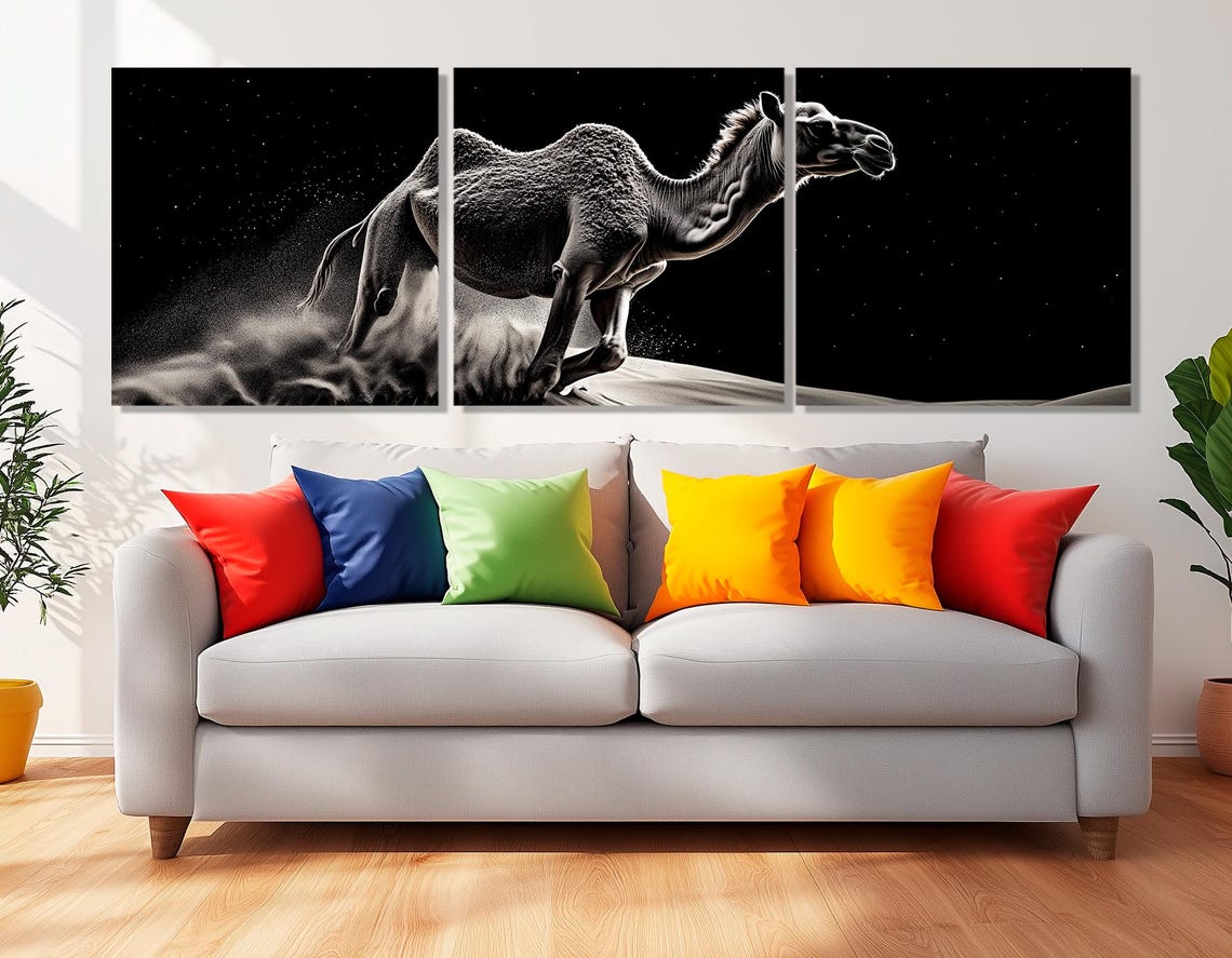 Dramatic Black Sand Camel Starry Night Desert Dunes Wall Art Print - Image 4