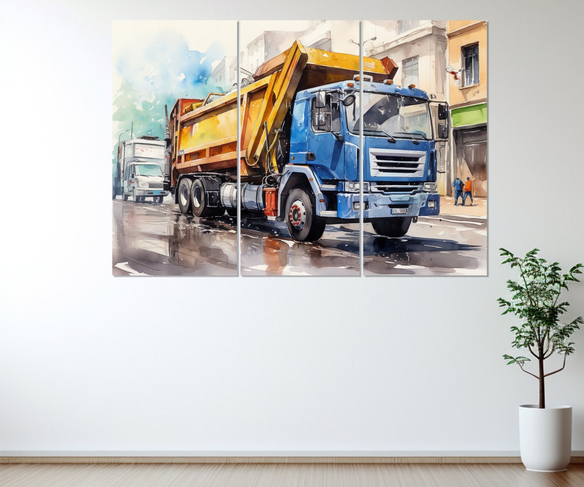 Blue And Yellow Garbage Truck Watercolor City Street Painting Poster - Image 4