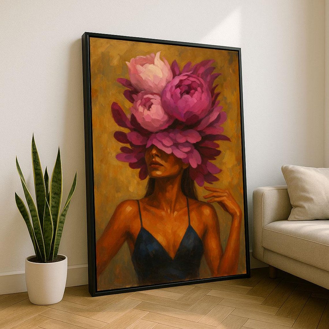 Woman with Pink Peony Floral Headdress Golden Portrait Poster