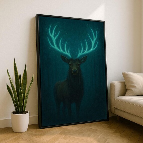 Mystical Stag with Glowing Teal Antlers Dark Forest Night Poster