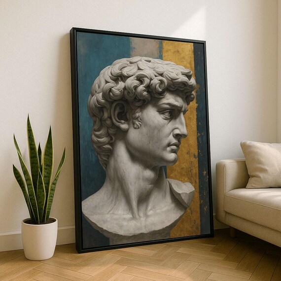 Elegant Michelangelo David Marble Bust Blue Gold Classic Poster