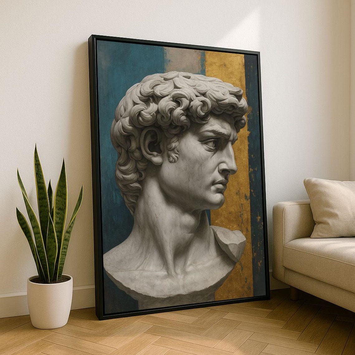 Elegant Michelangelo David Marble Bust Blue Gold Classic Poster