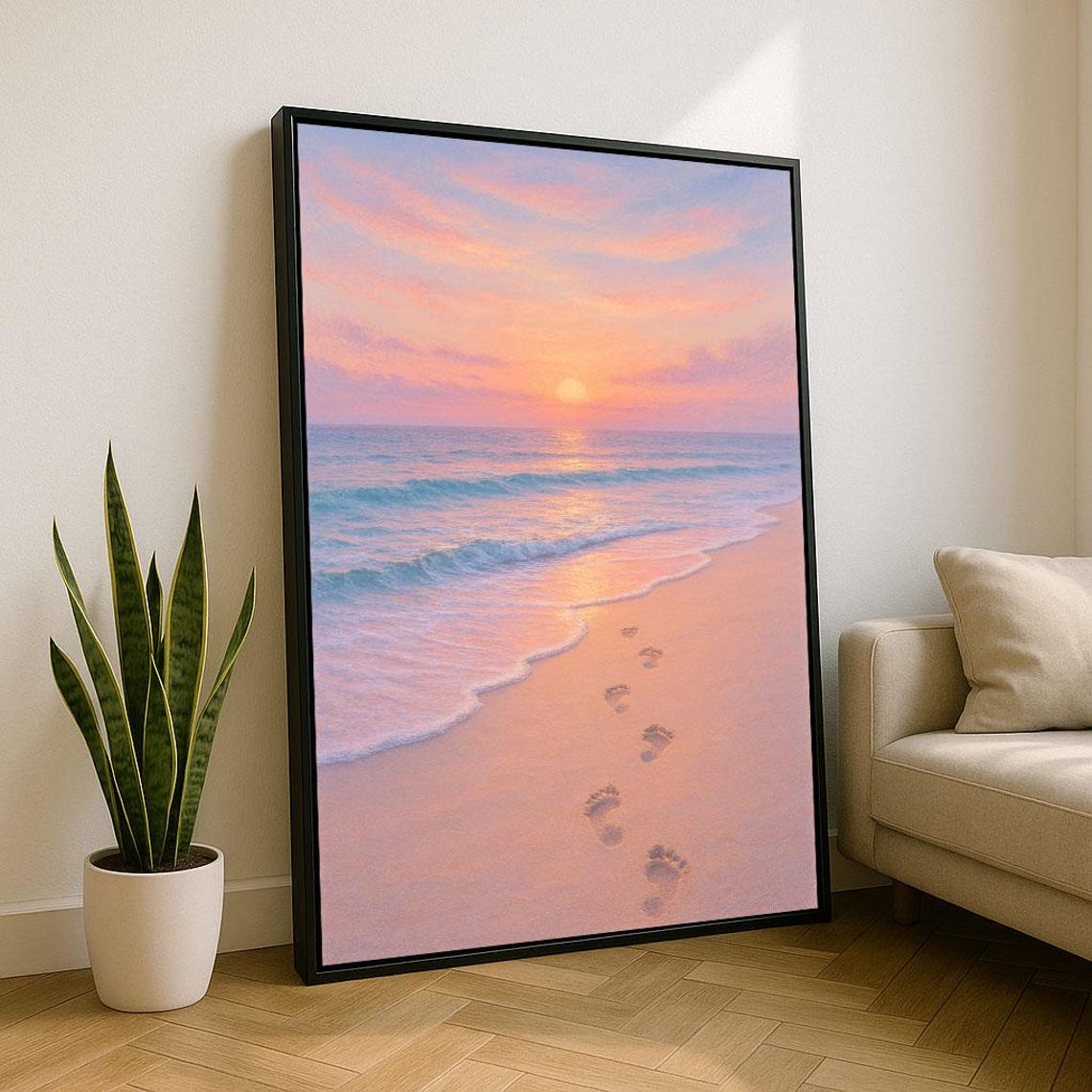Pink Pastel Beach Sunset Footprints On Sand Ocean Waves Wall Art