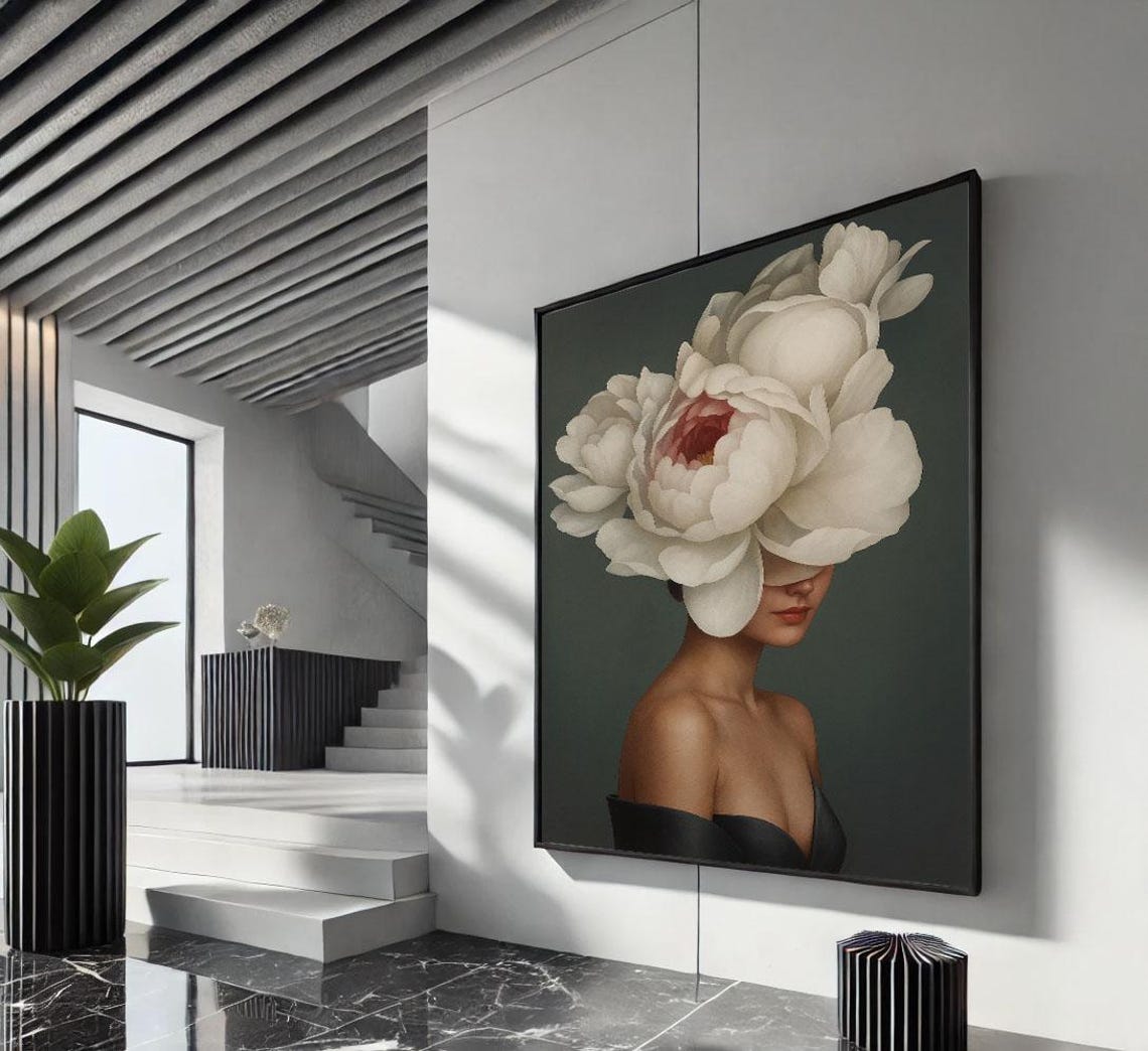 Woman With Giant White Peony Flower Over Face Dark Art Poster