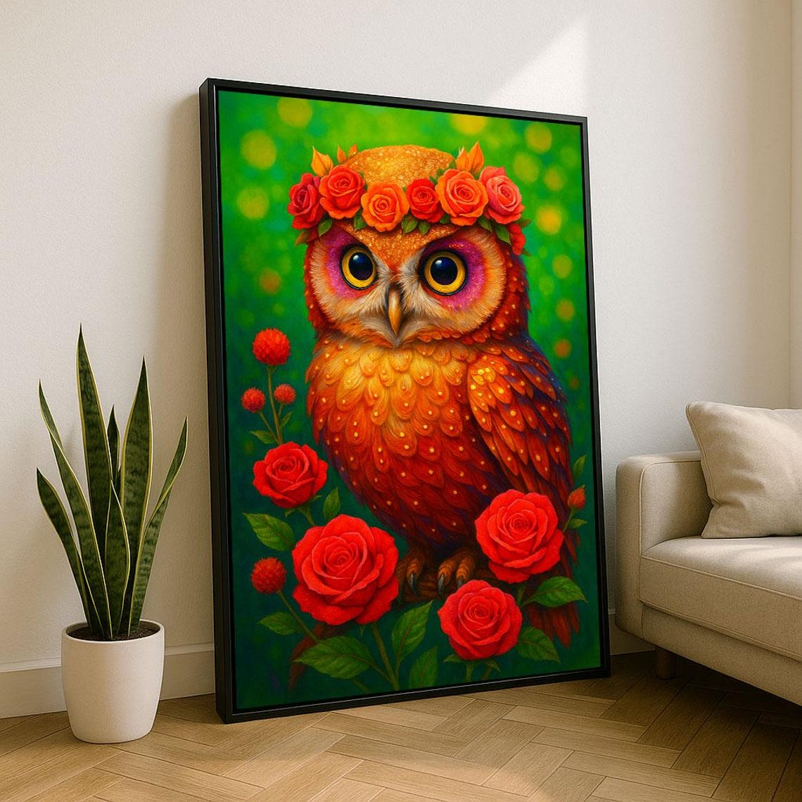 Vibrant Orange Owl With Red Roses on Green Colorful Wildlife Poster