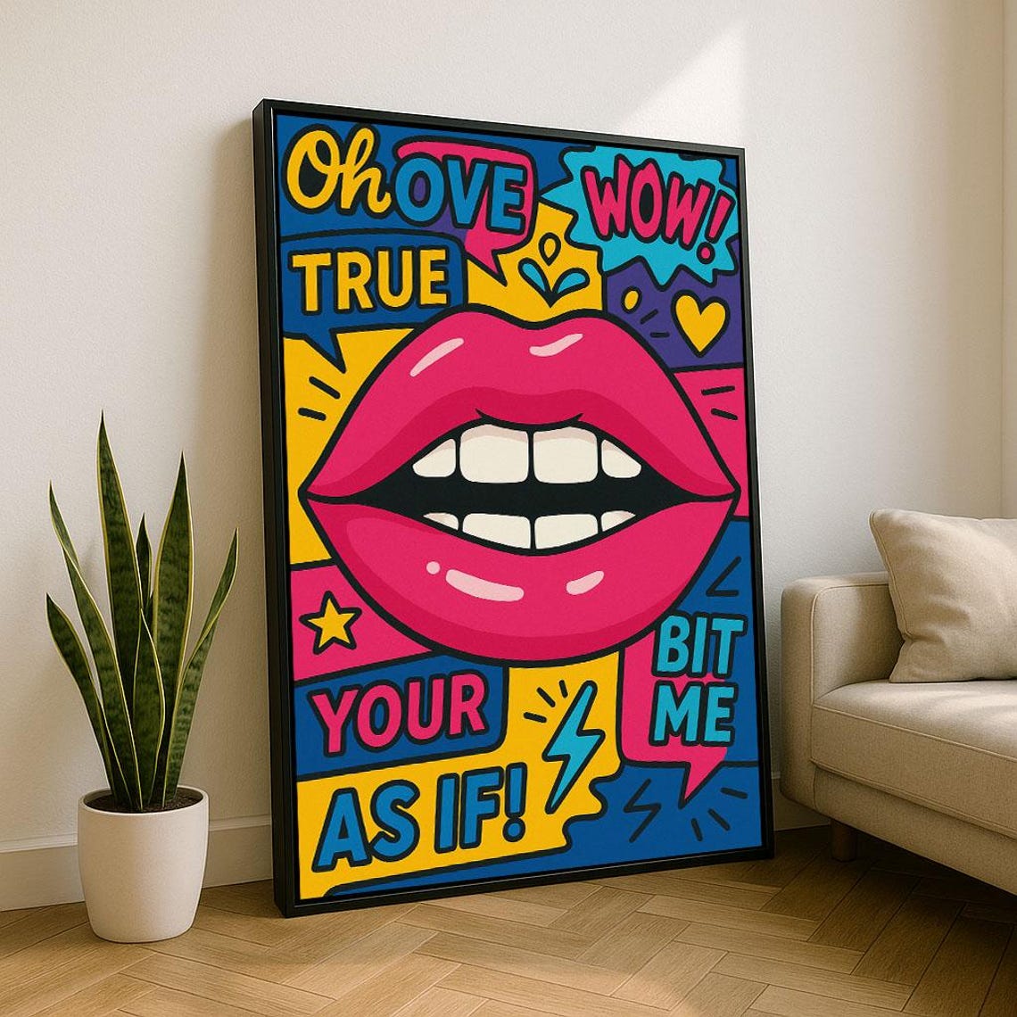 Vibrant Pop Art Lips Comic Speech Bubbles Wow True Love Art Poster