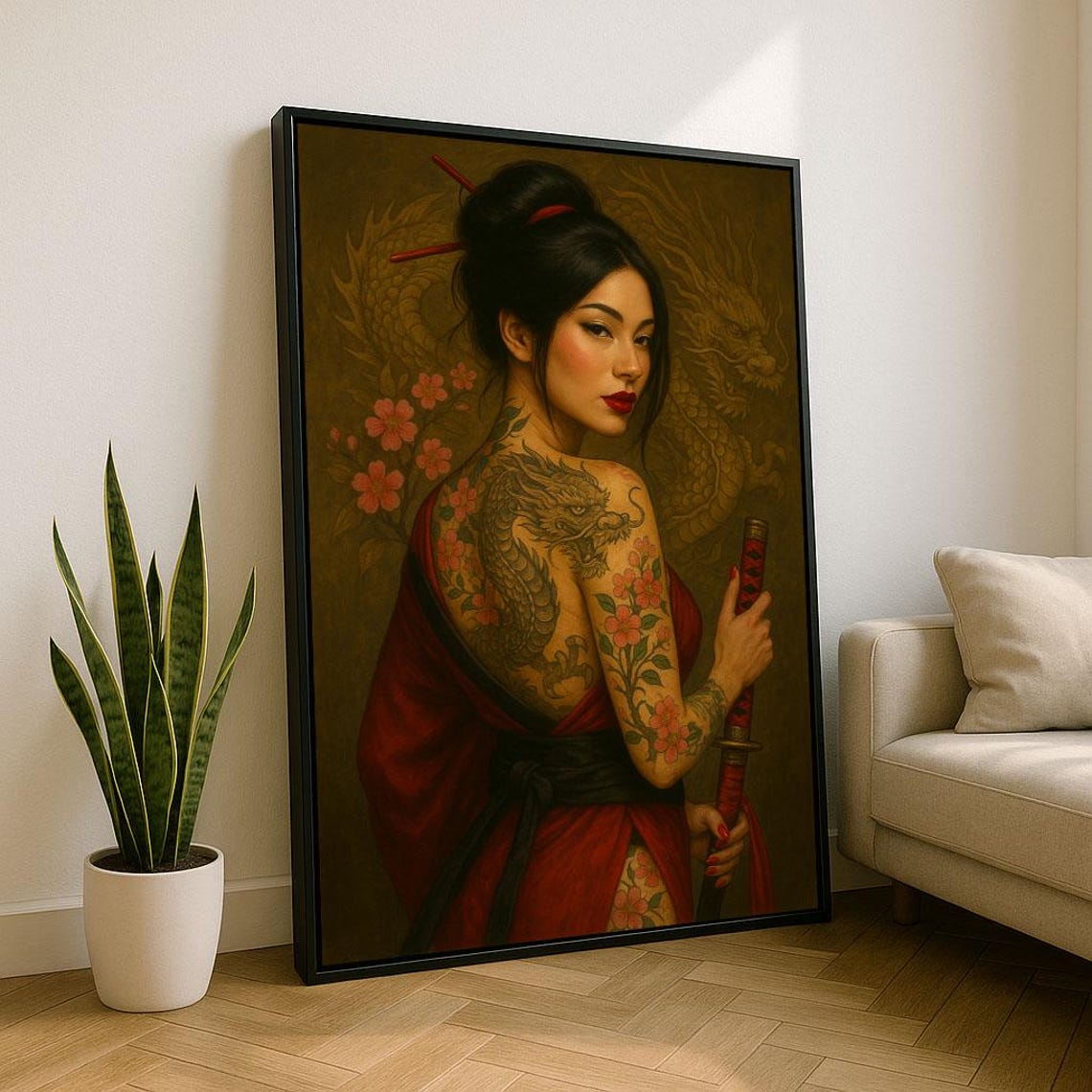 Tattooed Samurai Woman in Red Kimono with Katana and Dragon Poster