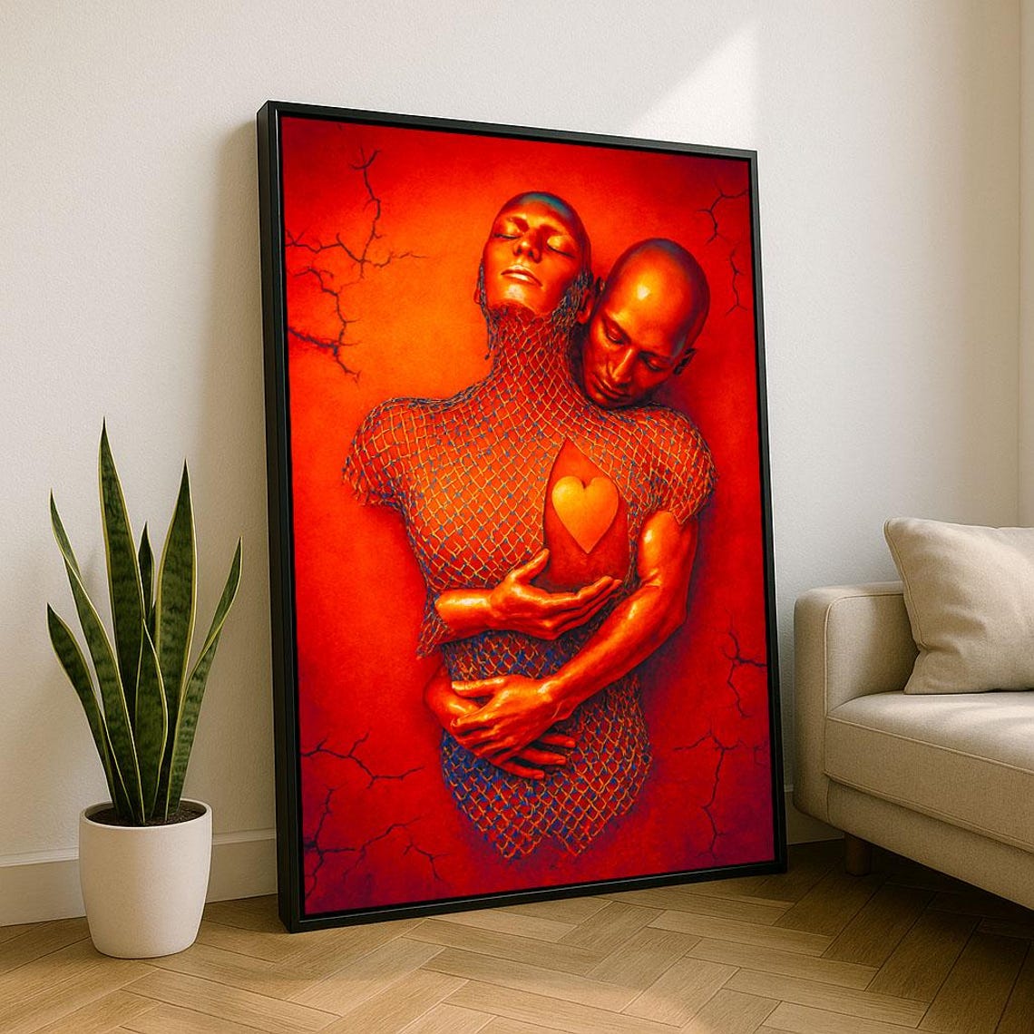 Fiery Red Embrace Of Two Lovers Holding Glowing Heart Poster