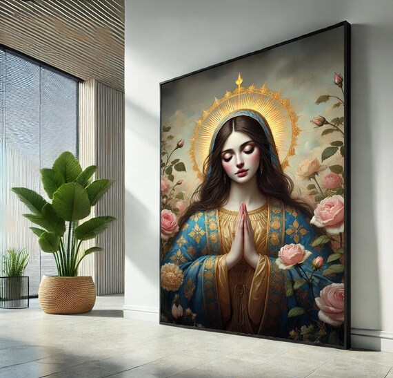 Virgin Mary Golden Halo Praying Roses Devotional Religious Art Poster