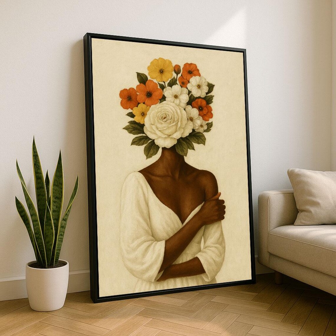 Floral Head Woman White Dress Botanical Surreal Portrait Poster