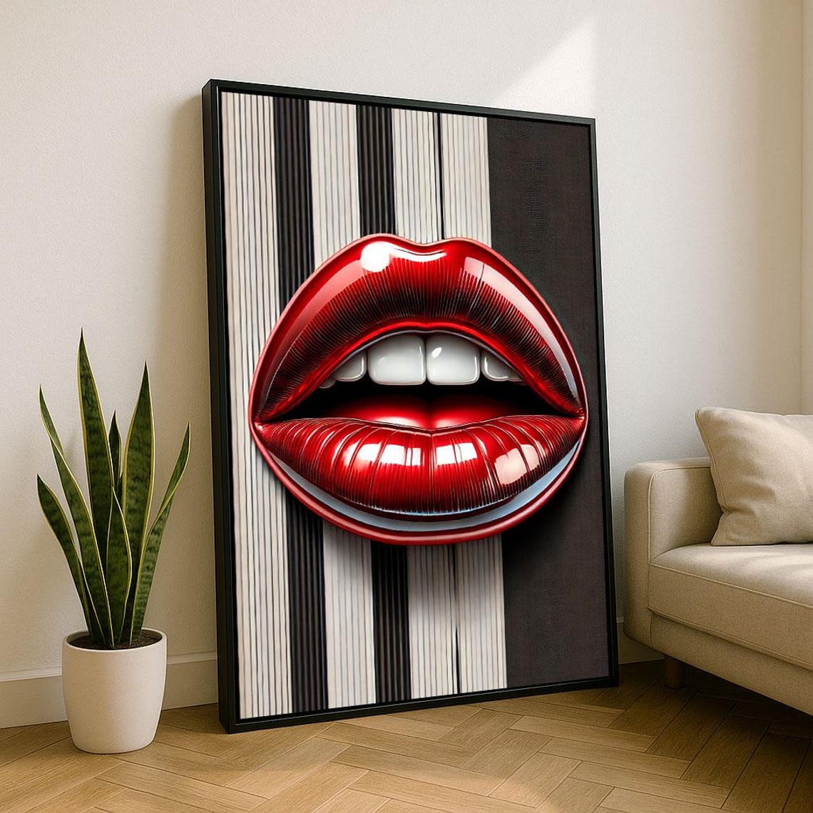 Glossy Red Lips Pop Art Poster With Black Panel Striped Backdrop